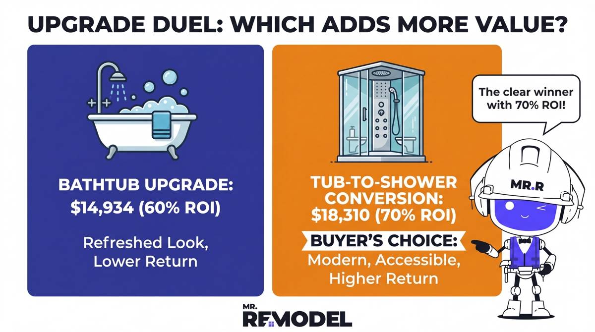 A comparison infographic illustrating the cost and ROI differences between a standard bathtub upgrade and a premium walk-in shower conversion.